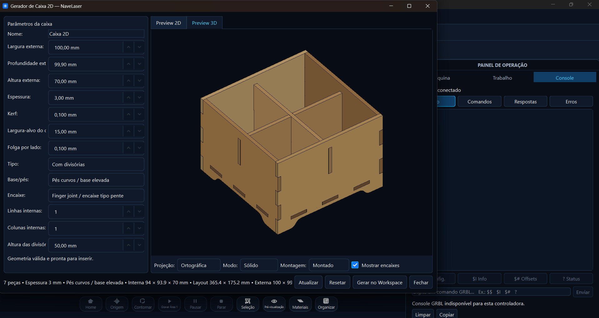 Gerador de caixas do NaveLaser mostrando a montagem da caixa em três dimensões