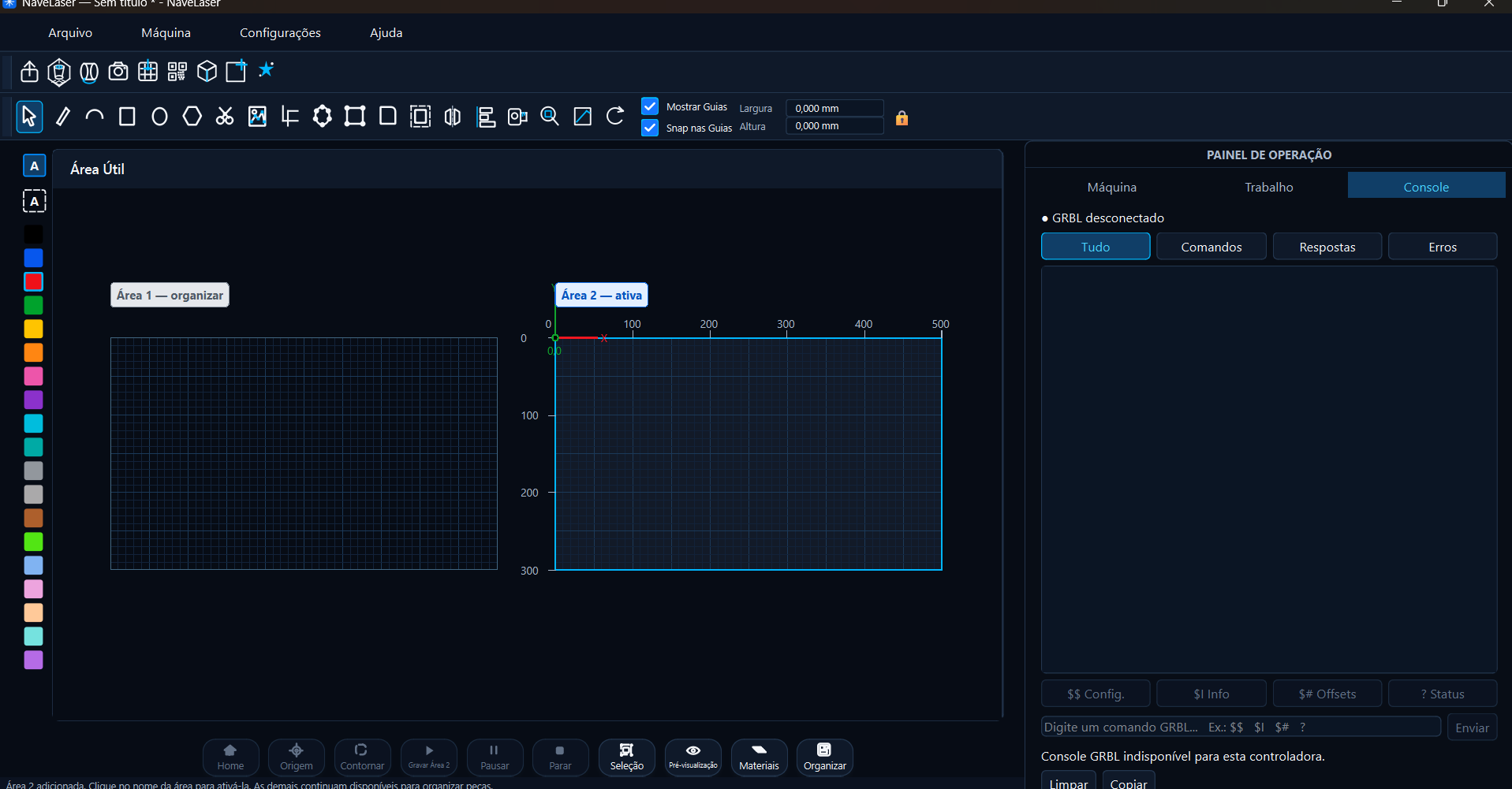 Interface do NaveLaser mostrando duas áreas úteis configuradas lado a lado