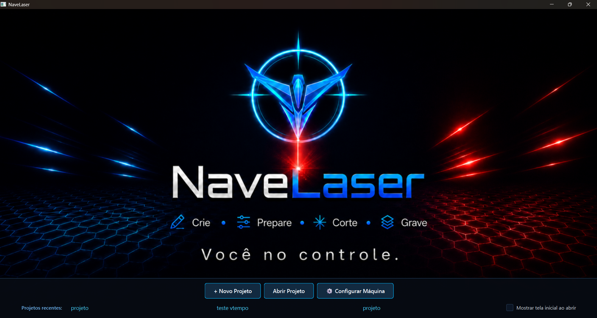 Tela inicial do NaveLaser com opções de criar, abrir projeto e configurar máquina