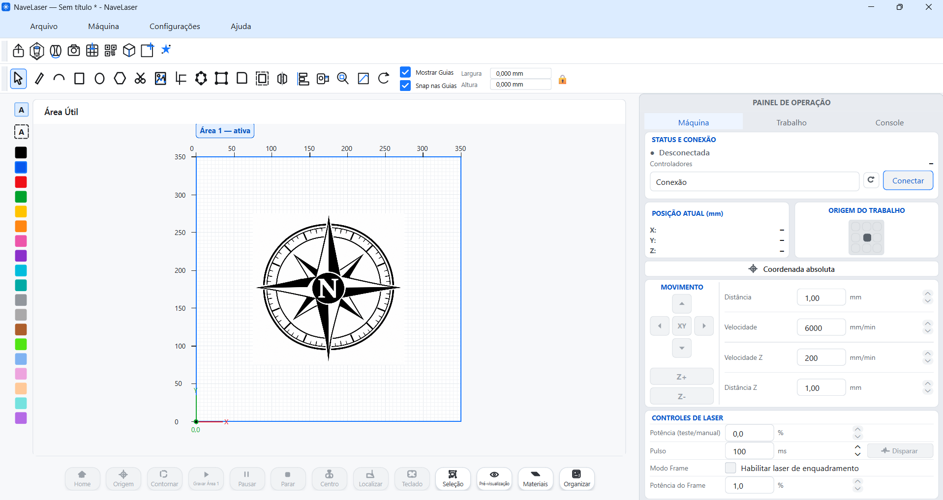 Interface real do NaveLaser no tema claro, com área de trabalho, desenho vetorial e painel de operação