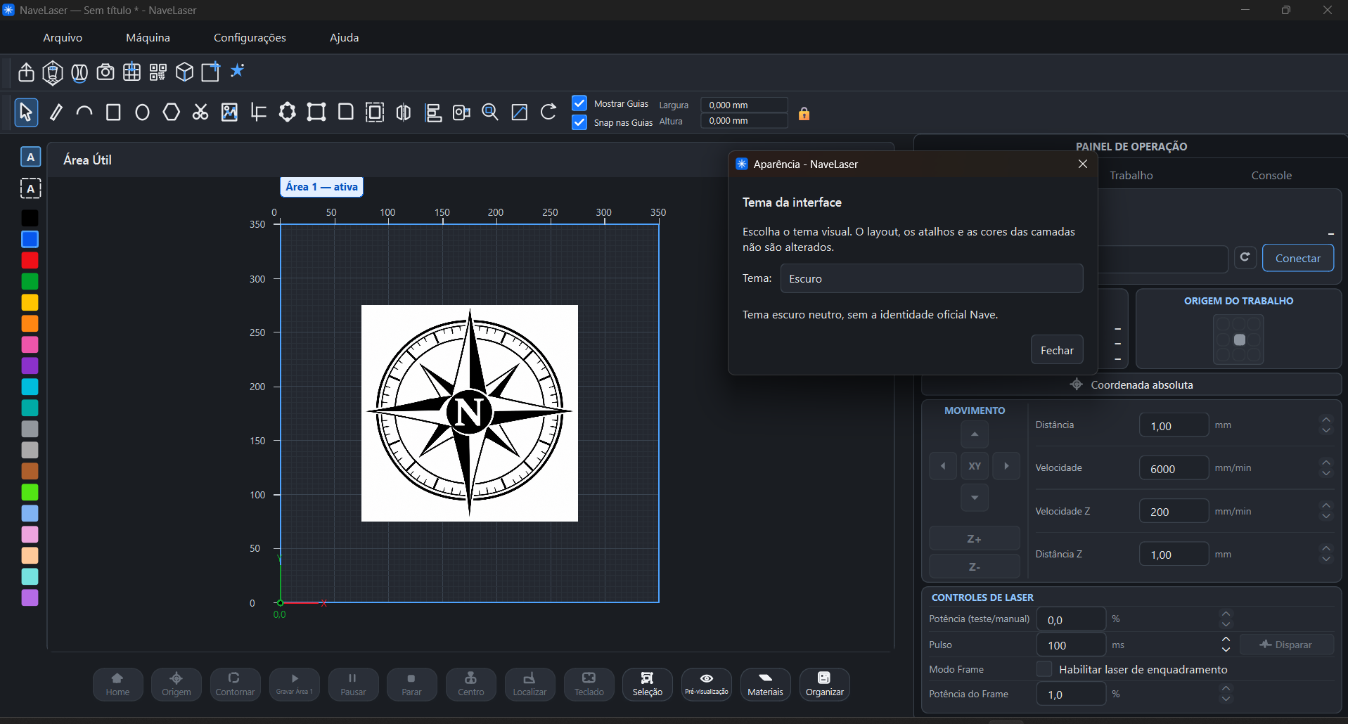 Interface real do NaveLaser no tema escuro, com área de trabalho e janela de configuração de aparência